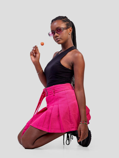 Carrie Wahu X SZ Pleated Double Buckle Miniskirt - Pink - Shopzetu