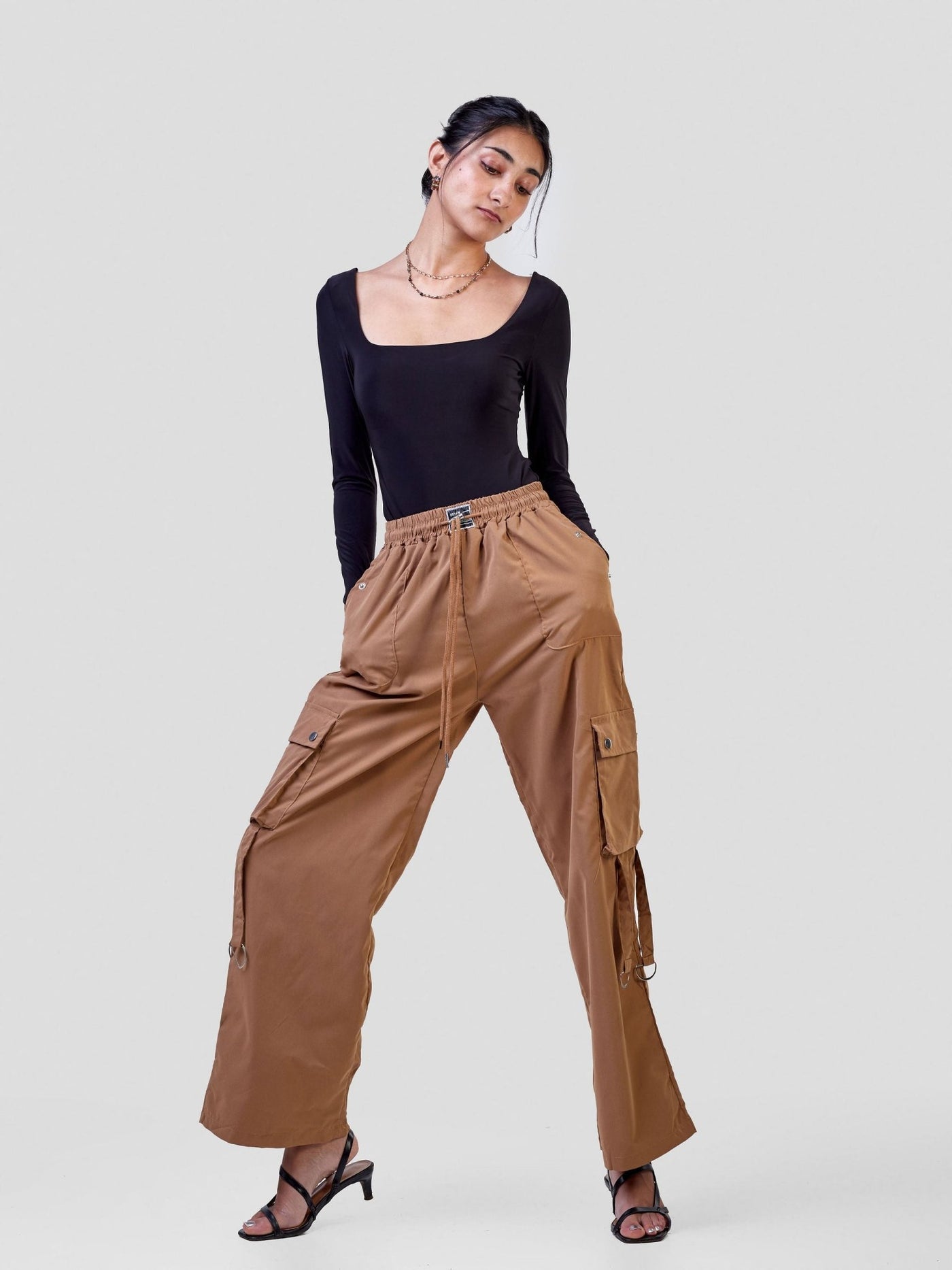 Carrie Wahu X SZ Midi Rise ''Design'' Straight Fit Cargo Trousers - Khaki Brown - Shopzetu