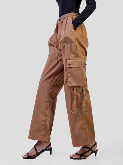 Carrie Wahu X SZ Midi Rise ''Design'' Straight Fit Cargo Trousers - Khaki Brown - Shopzetu