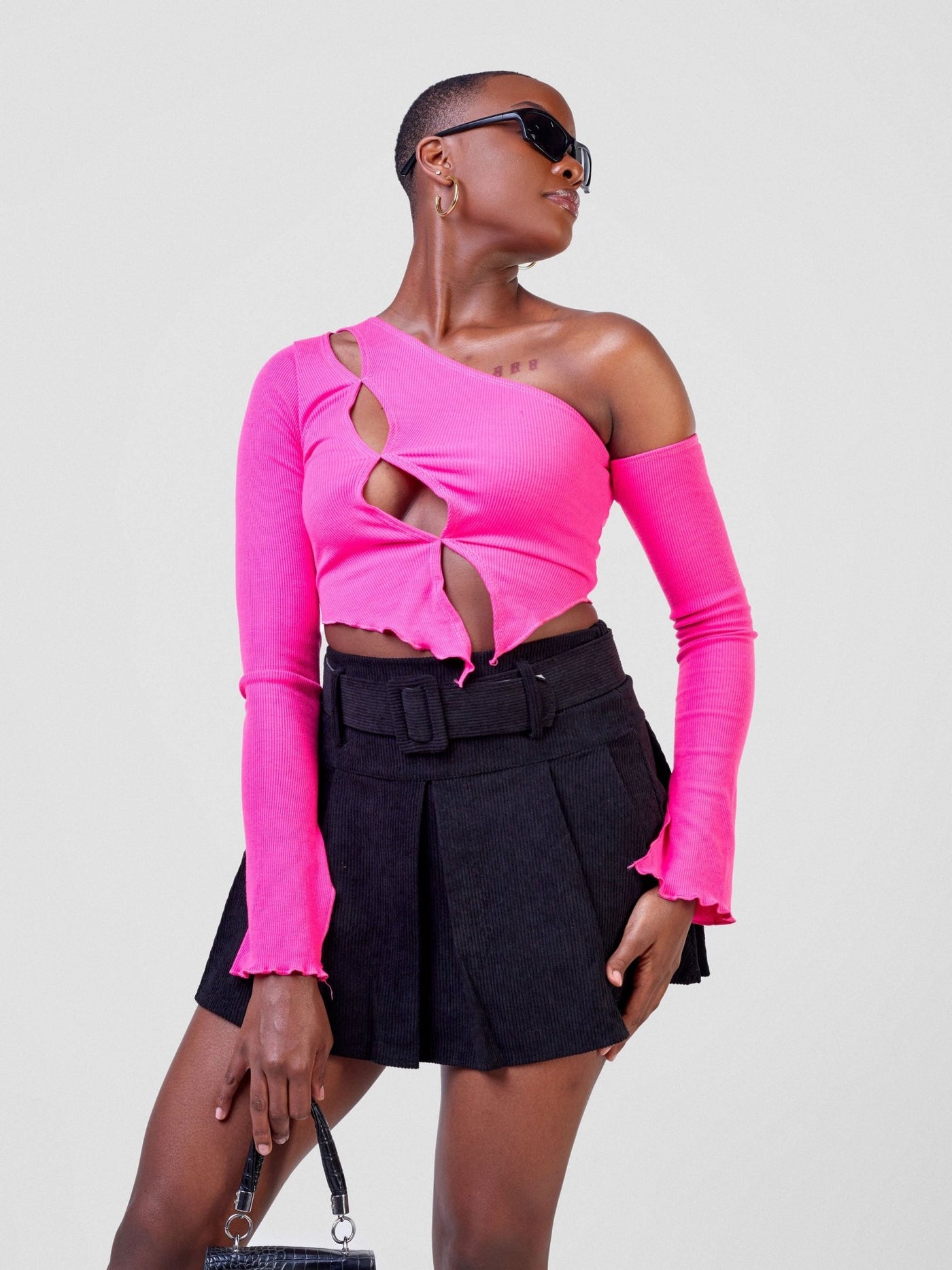 Carrie Wahu X SZ Long Sleeved Asymmetrical Cutout Crop Top - Pink - Shopzetu