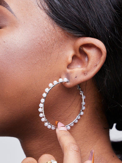 Mona Vine Pearl Hoop Earrings - Silver - Shopzetu