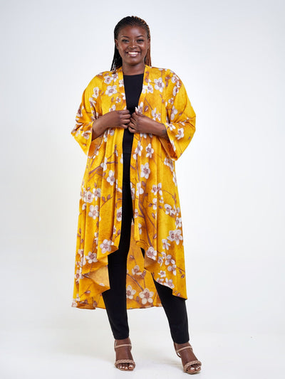 Vivo Maisha Long Sleeve High Low Kimono - Mustard / Taupe Floral Print - Shopzetu
