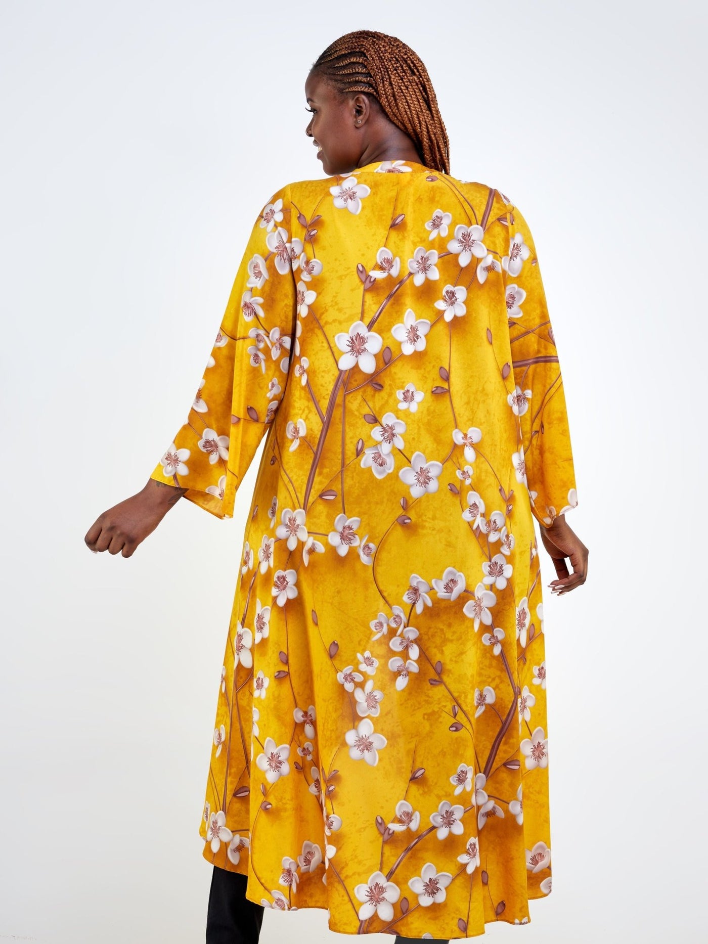 Vivo Maisha Long Sleeve High Low Kimono - Mustard / Taupe Floral Print - Shopzetu