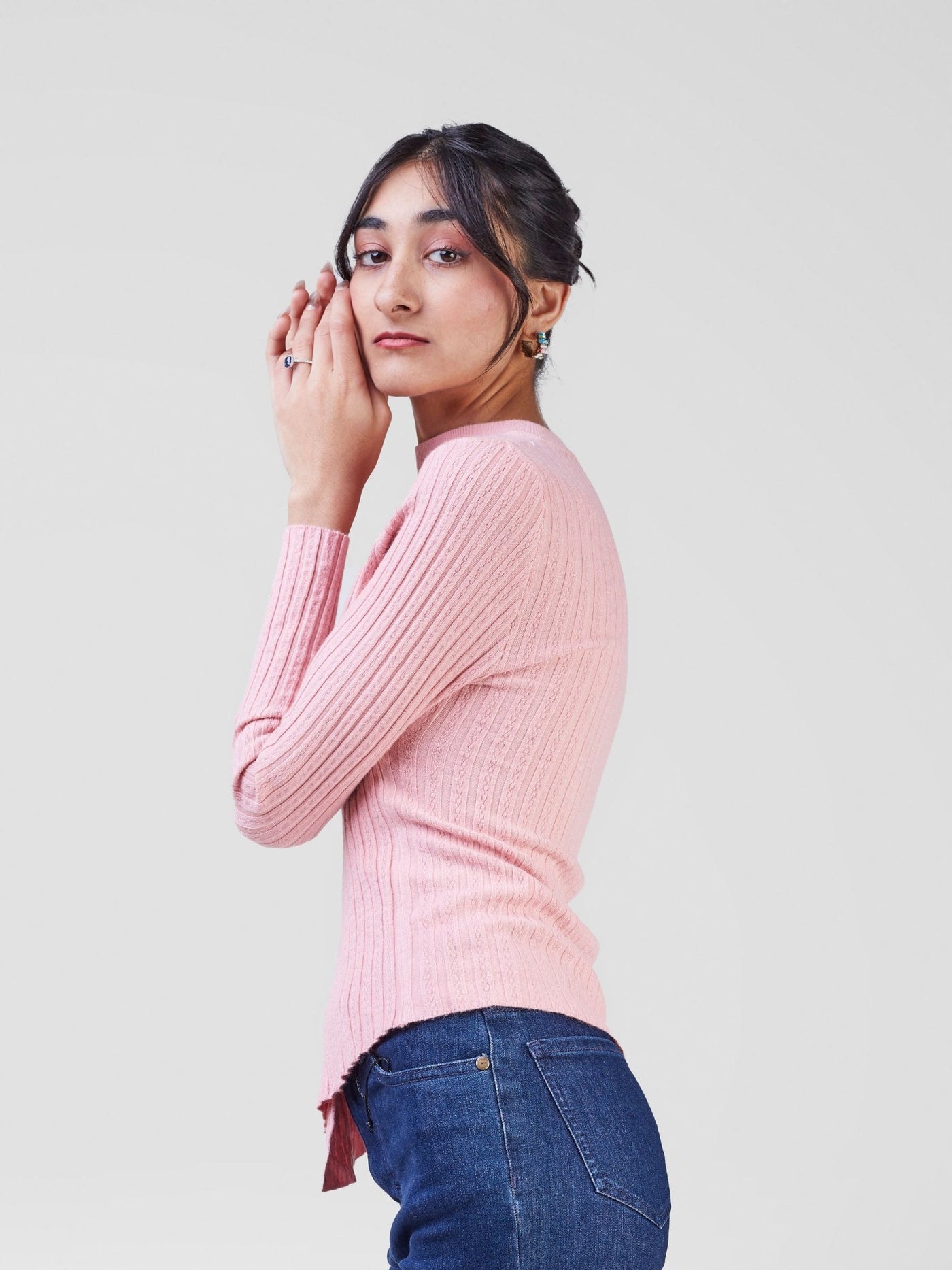 Anika Knitted Sweater With Front Overlap and Neck Design - Pink - Shopzetu