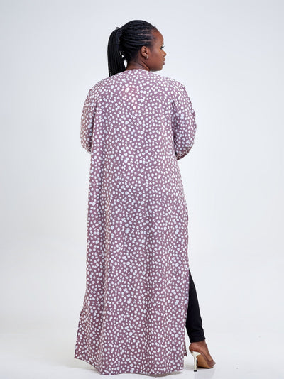 Vivo Jema High Slit Maxi Kimono - Taupe / White Abstract Print - Shopzetu