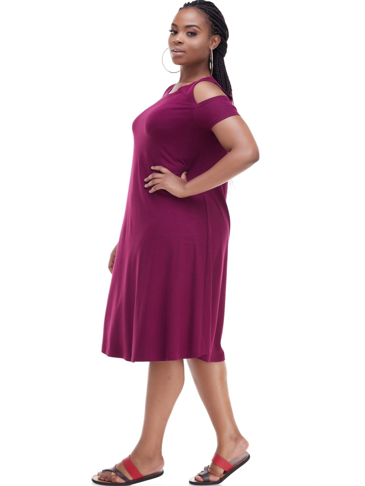 Vivo Lamu Knee Length Cold Shoulder Dress - Raspberry - Shopzetu