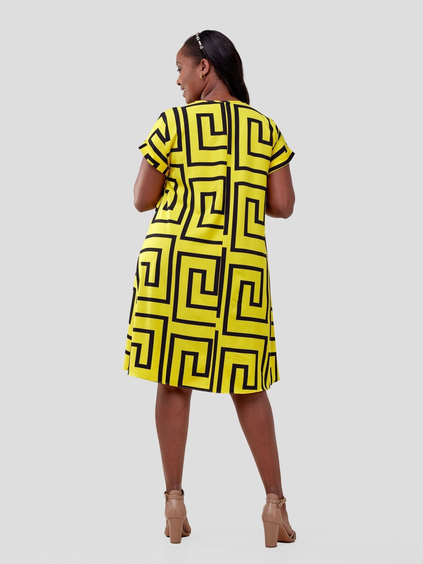 Vivo Pesi Drop Shoulder Tent Dress - Yellow / Black Print - Shopzetu
