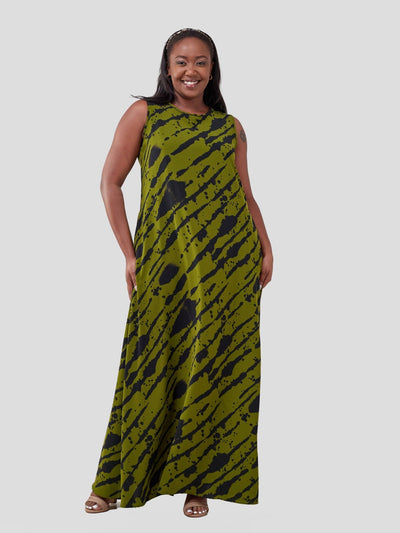 Vivo Basic Sleeveless Tent Maxi Dress - Black / Green Print - Shopzetu