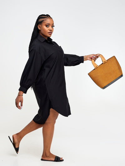 Alara Bishop Sleeve Maxi Shirt Dress - Black - Shopzetu