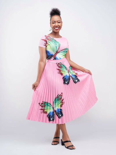 Bold N Chic Butterfly Two Piece With Pleated Skirt - Pink - Shopzetu