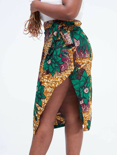 Vazi Afriq Ankara Wrap skirt - Beige / Green Print - Shopzetu
