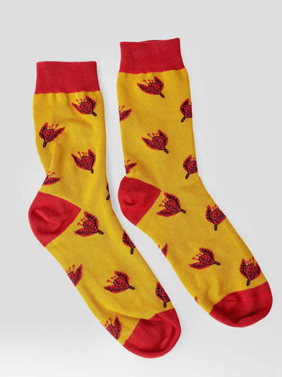 Kamata Red Bougainvillea Combed Cotton Socks - Mustard / Red - Shopzetu