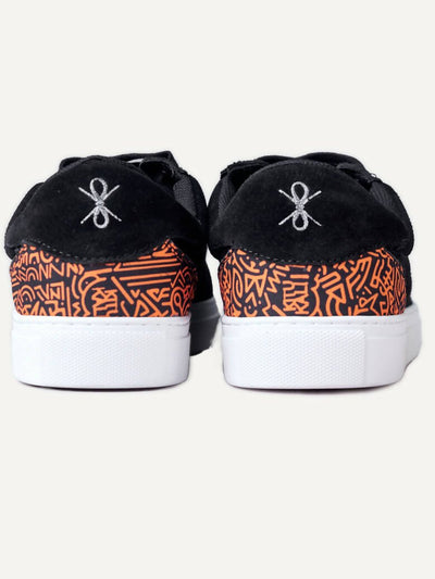 Kali Sneakers: Premium vibrant Gold Patterned Heel - Black Suede - Shopzetu