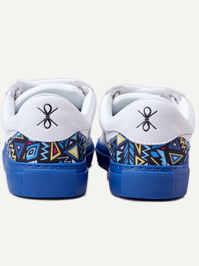 Kali Sneakers: Premium subtle Leather with Blue Patterned Heel KK - White - Shopzetu
