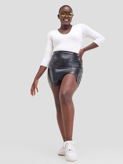 Popular 21 Double Slit A-line Mini Leather Skirt - Black - Shopzetu