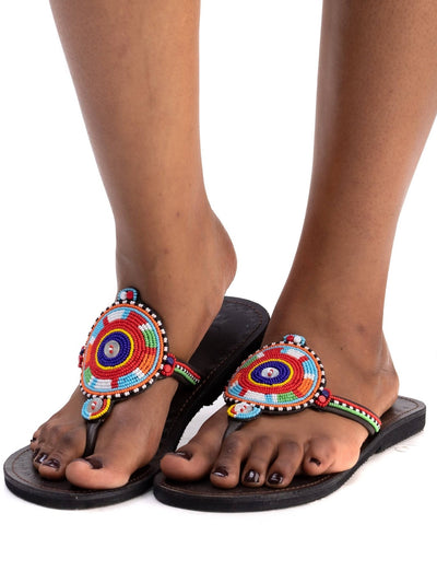 Azu Button Maasai Sandals - Black Print - Shopzetu