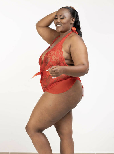 Intimates Kenya Ruffle Plus Size Teddy With The Belt Sexy Halter V Neckline Lingerie - Red - Shopzetu