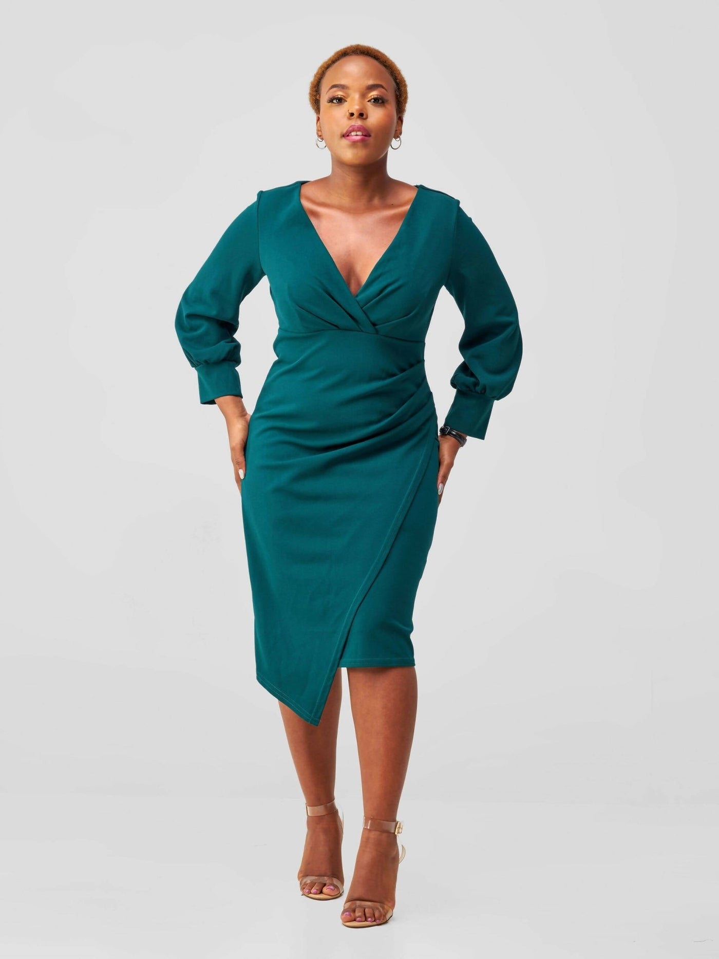 Immaculate Chic Wrap Pleat Dress - Emerald Green - Shopzetu