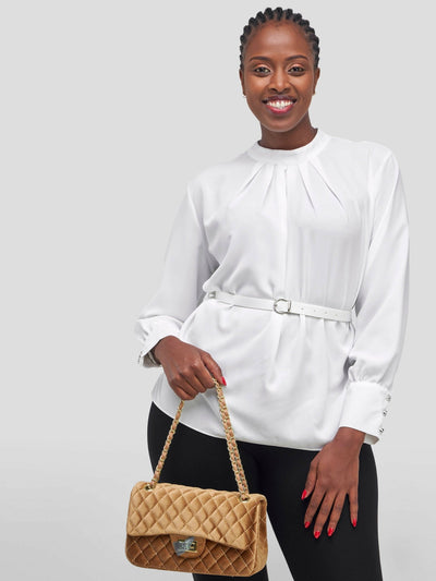 The Fashion Frenzy Belted Long Sleeve Blouse - White - Shopzetu