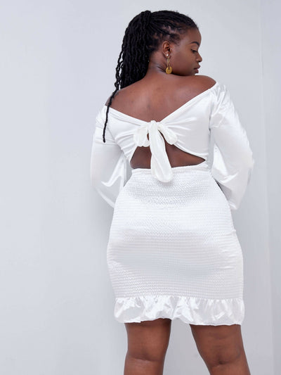 DD Holdings Fashion Bare Back Silk Flounce LS Dress - White - Shopzetu