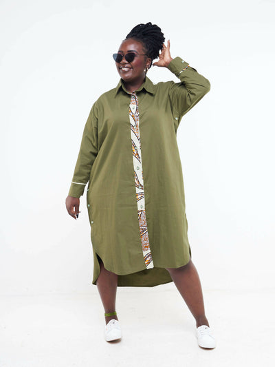 Mid Length Shirt Dress, Olive With Ankara Details, Front View
