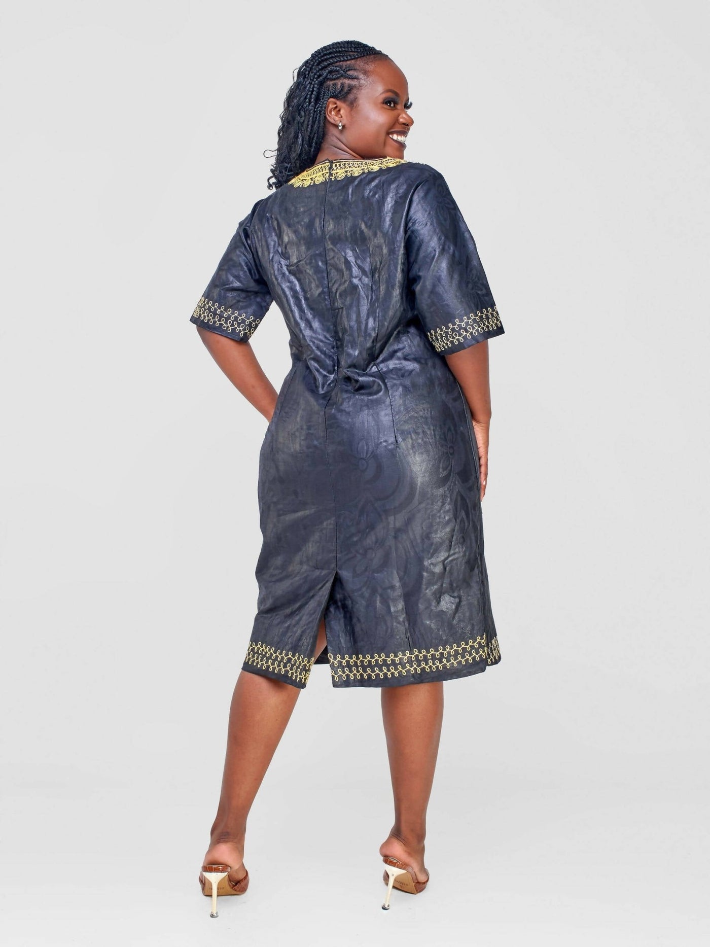 Pretty Gline African Embroidery Bazin Dress - Black Bazin - Shopzetu