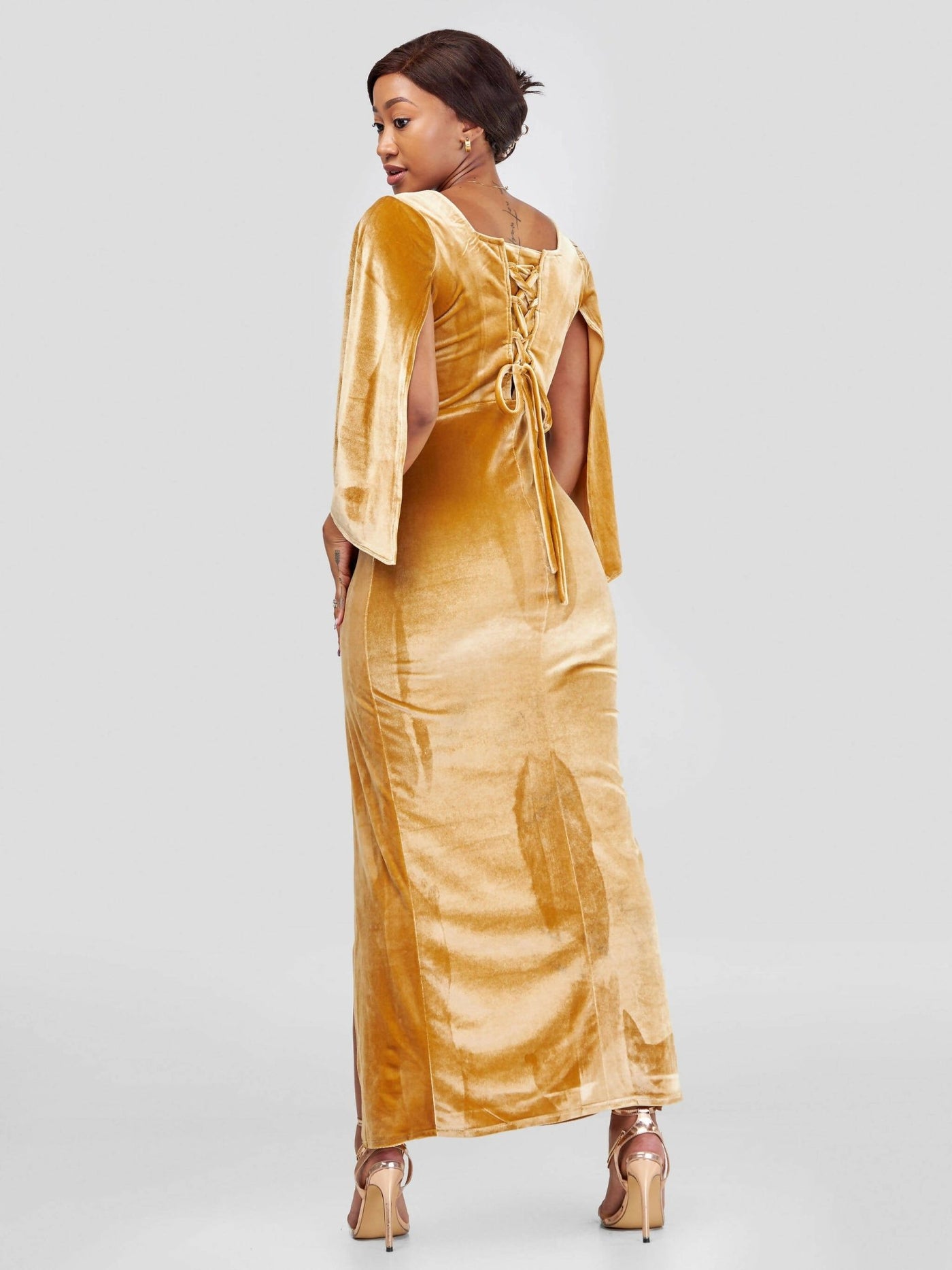 Nubia Courture Halua Velvet Gala Dress - Gold - Shopzetu