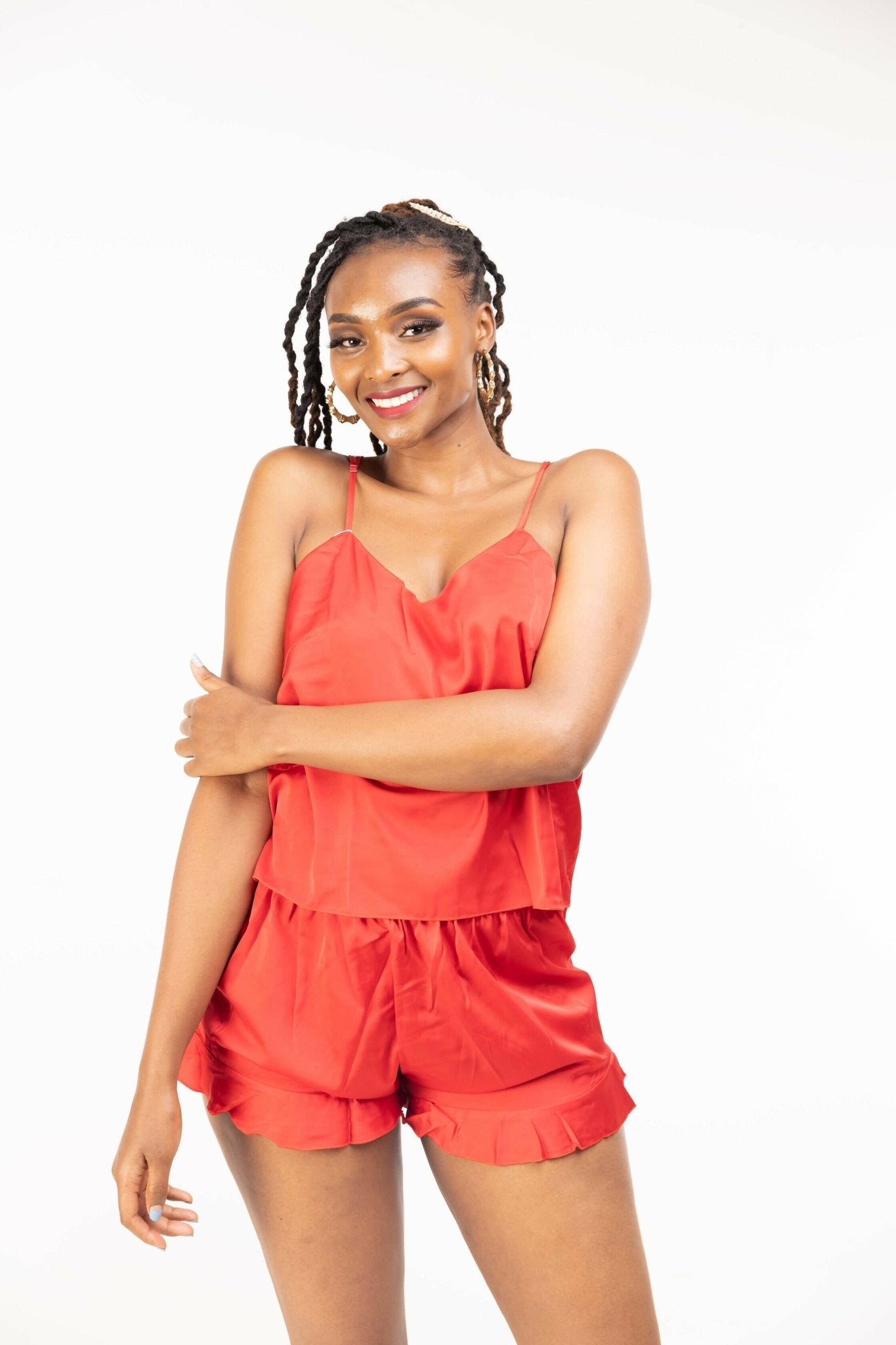 Intimates Kenya Camisole Satin Chiffon Sleepwear with Ruffle Short Pants - Red - Shopzetu