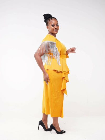Bold N Chic Tassel Sequin Cotton Dress - Mustard - Shopzetu