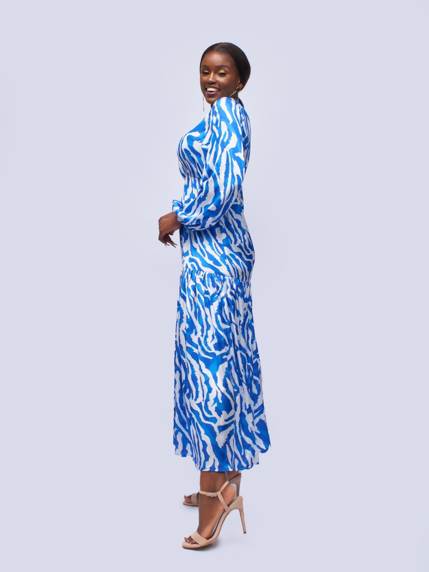Tuli Kagendo Maxi Dress - Blue & White Zebra Print - Shopzetu