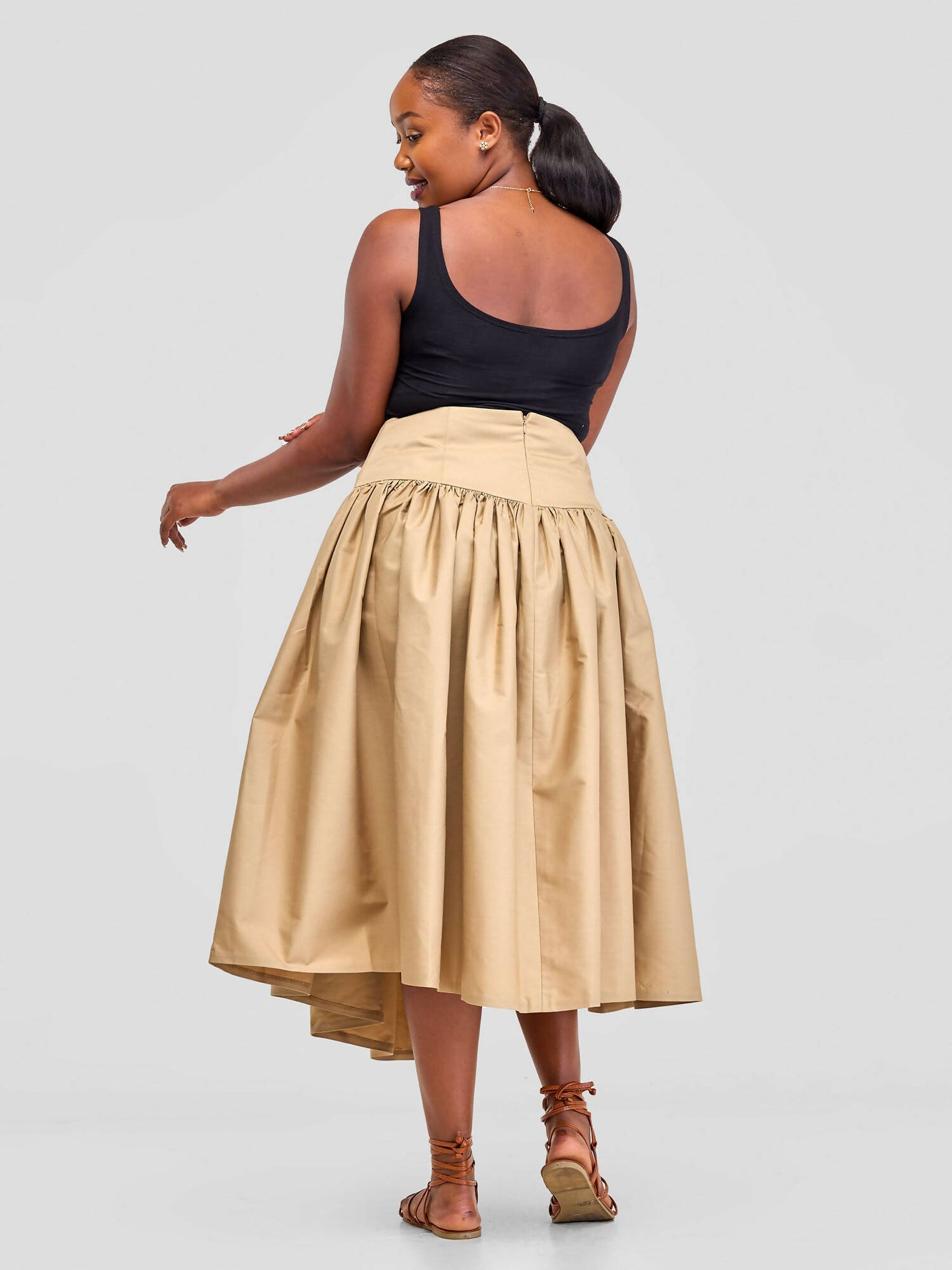 Pure Buxom Drop Waist Midi Skirt - Brown - Shopzetu