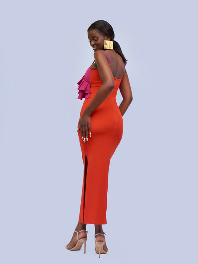Tuli Katwiri Colour Block Maxi Dress - Fuchsia & Orange - Shopzetu