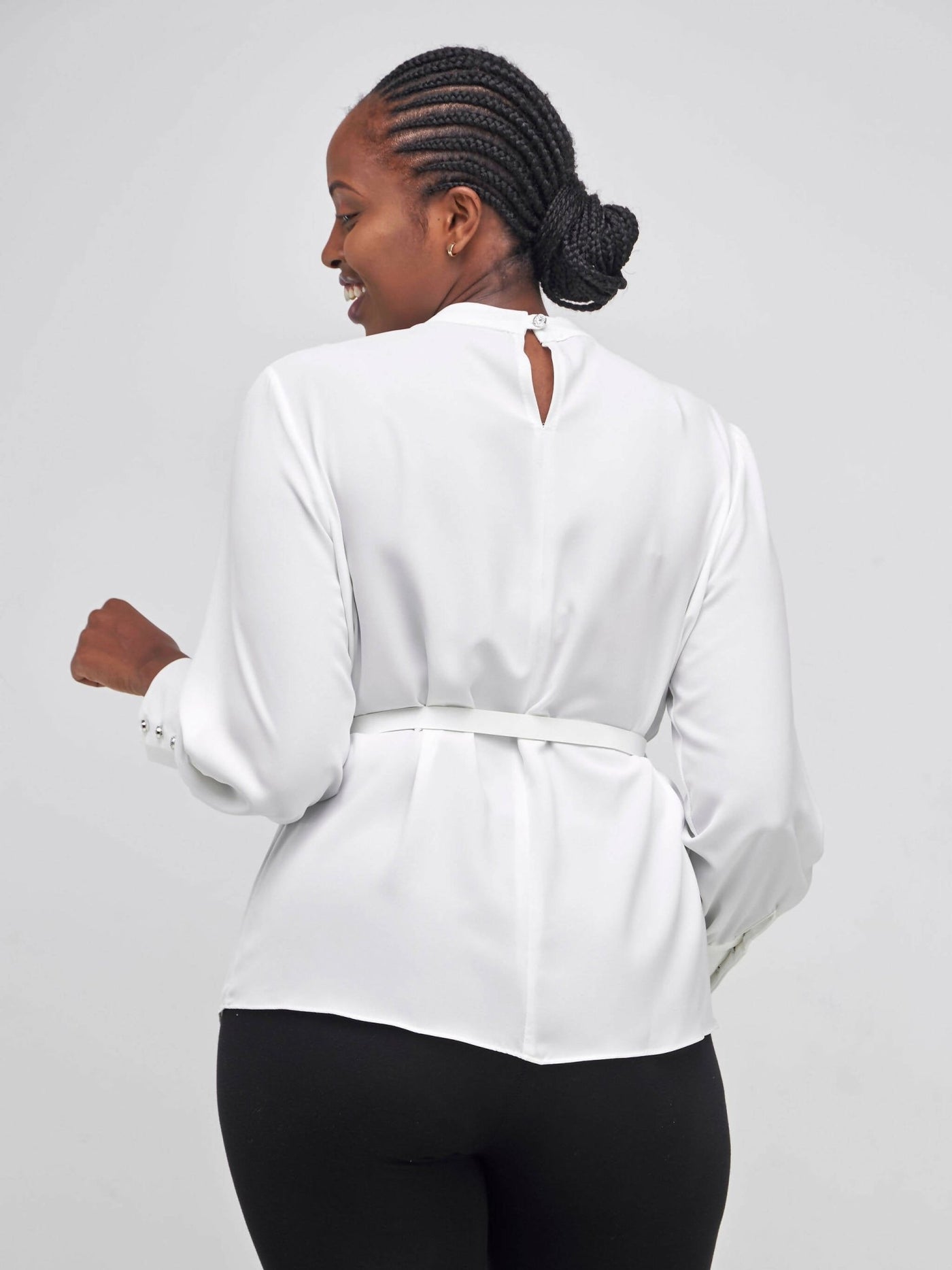 The Fashion Frenzy Belted Mock Pocket Long Sleeve Blouse - White - Shopzetu