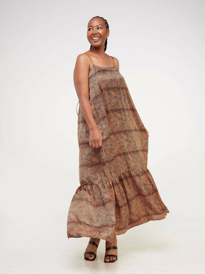 Fauza Design Safari Silk Maxi Dress - Brown - Shopzetu