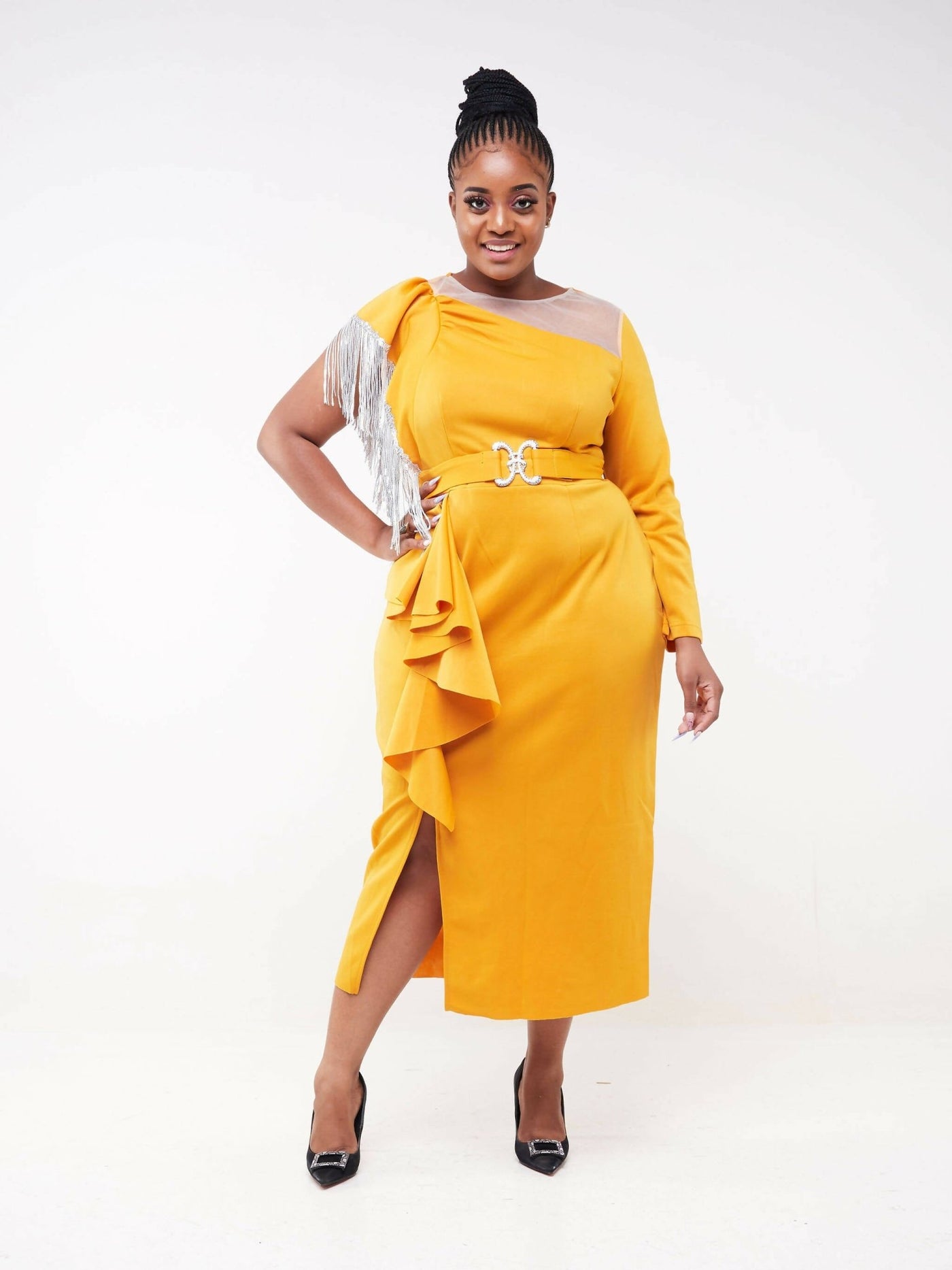 Bold N Chic Tassel Sequin Cotton Dress - Mustard - Shopzetu