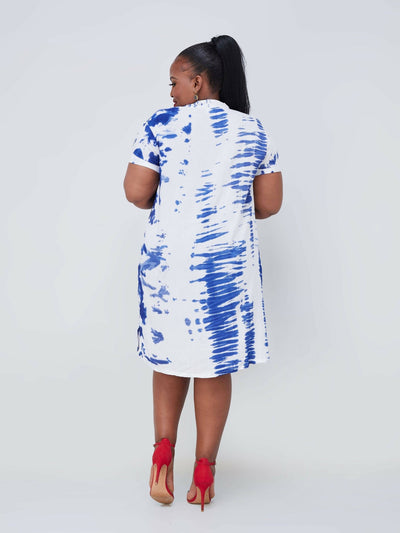 Vazi Afriq Tie & Dye Shirt Dress - Blue / White - Shopzetu