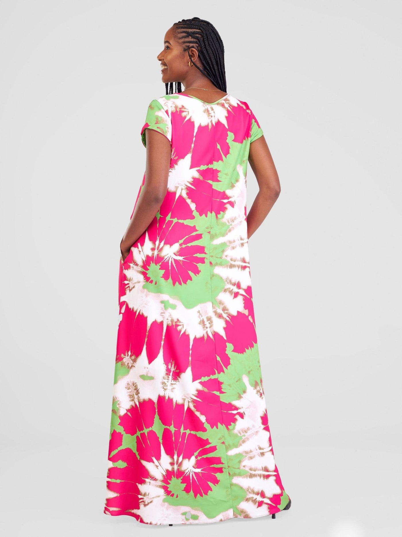Vivo Basic Cap Sleeve Maxi Tent Dress - Pink / Green Esna Print - Shopzetu