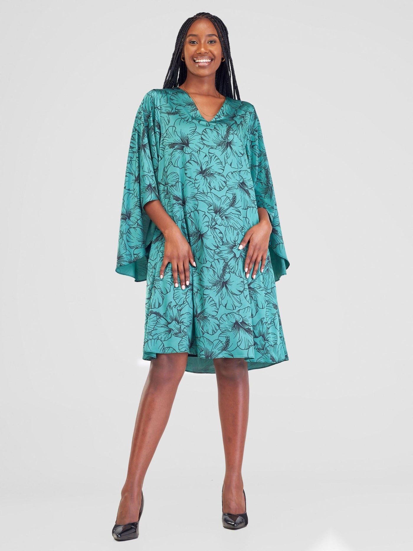 Vivo Sanali Tent Knee Length Dress - Green Hibi Print - Shopzetu