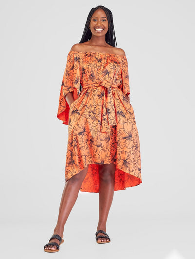 Vivo Sanali 0ff-Shoulder Knee Length Dress - Orange Hibi Print - Shopzetu