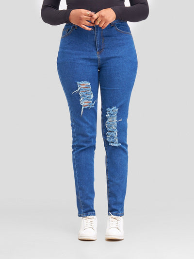 Denim Haven High Rise Skinny Ripped Jeans - Deep Blue - Shopzetu