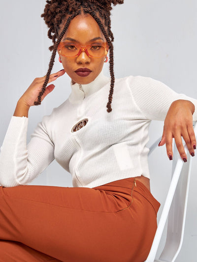 Anika High Neck Knitted Zipper Top - White - Shopzetu