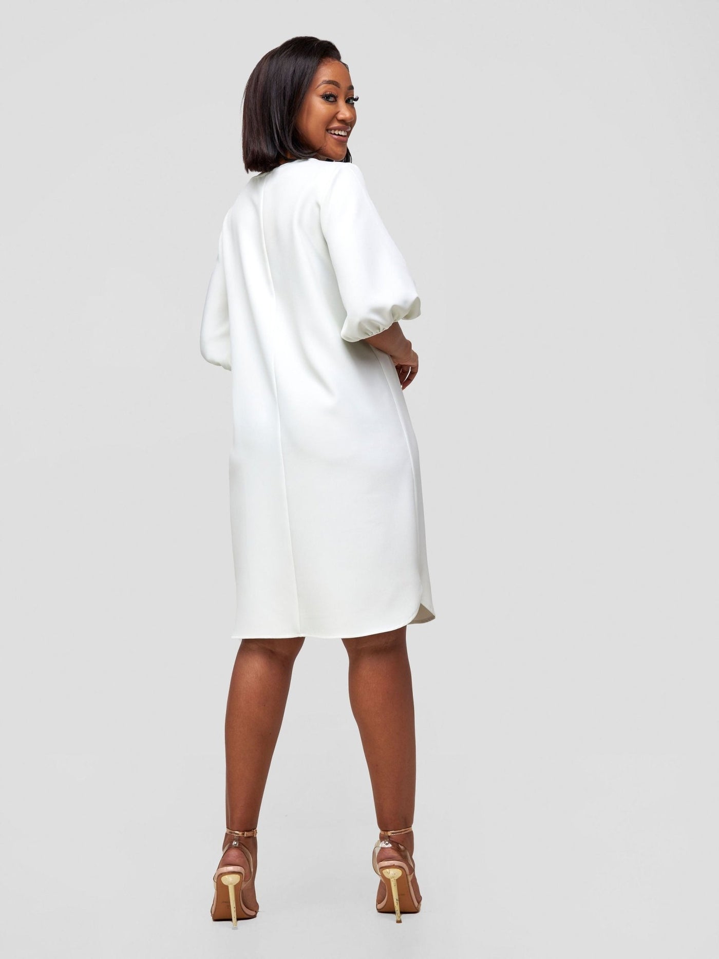 Vivo Sia 3/4 Bishop Sleeve Shift Dress (Petite) - White - Shopzetu