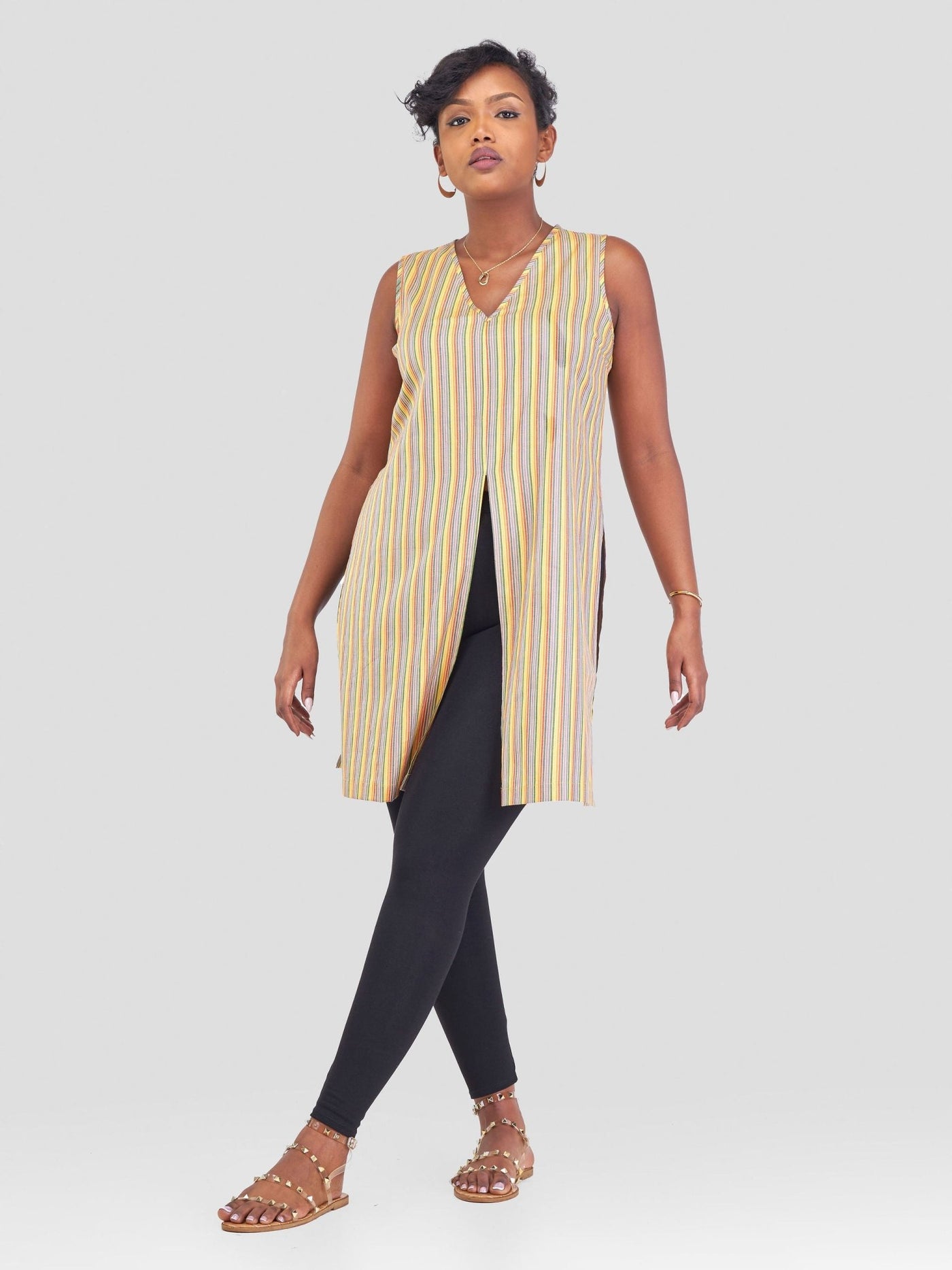Safari Kikoy Tunic High Low Top With Side Slits - Gold Print - Shopzetu