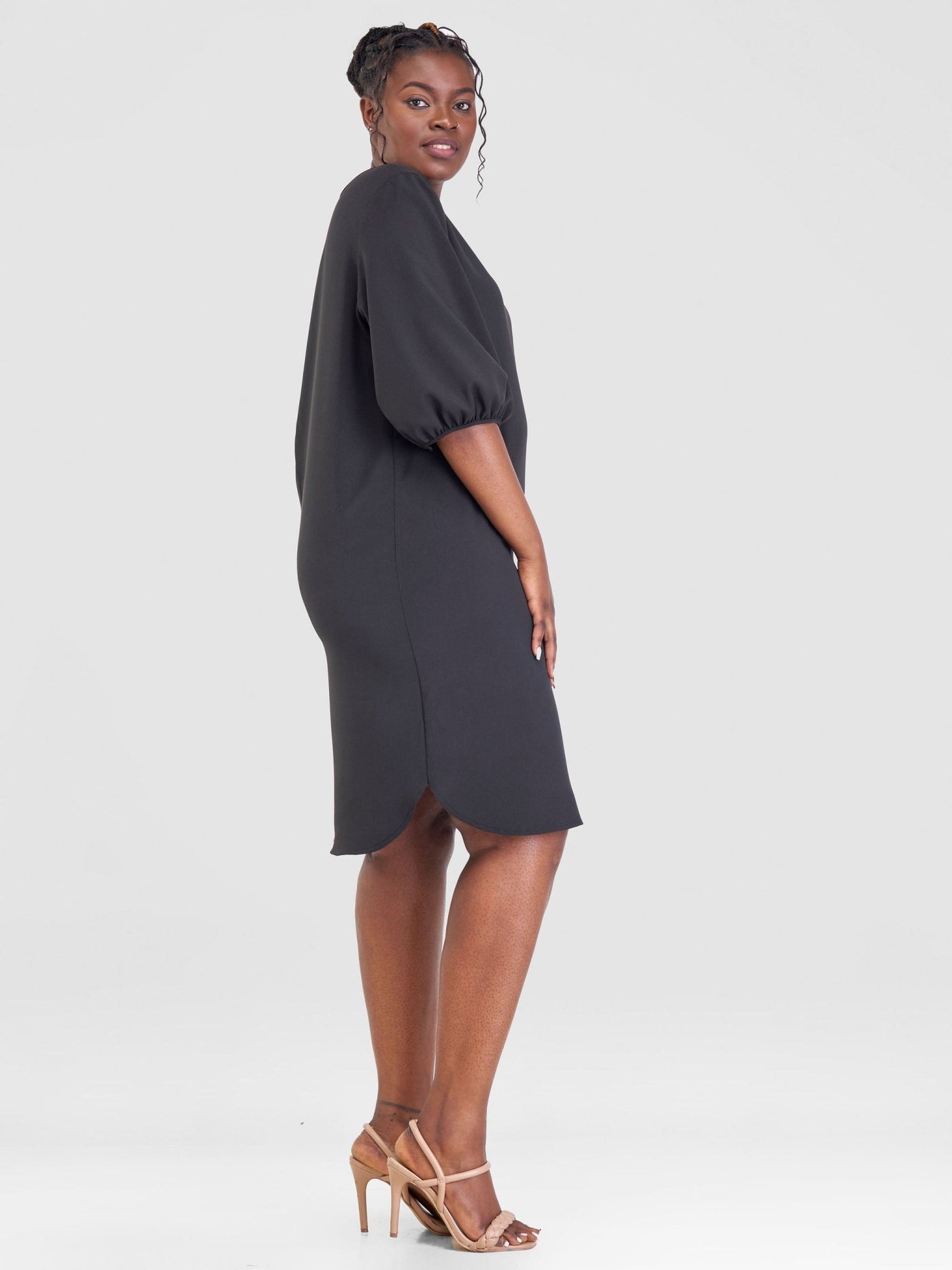Vivo Sia 3/4 Bishop Sleeve Shift Dress (Petite) - Black - Shopzetu