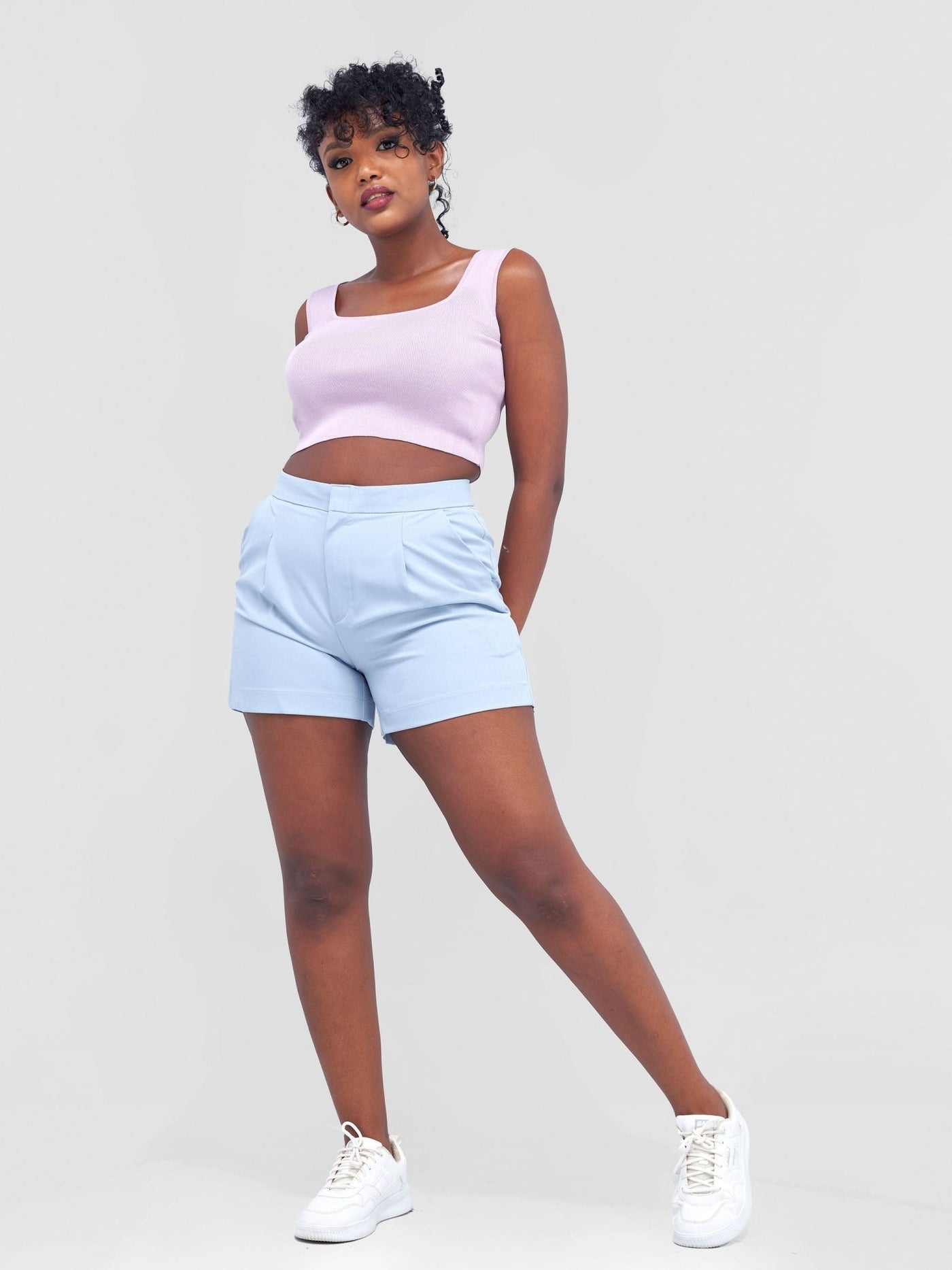 Anika Clip Shorts With Angular Pockets - Light Blue - Shopzetu