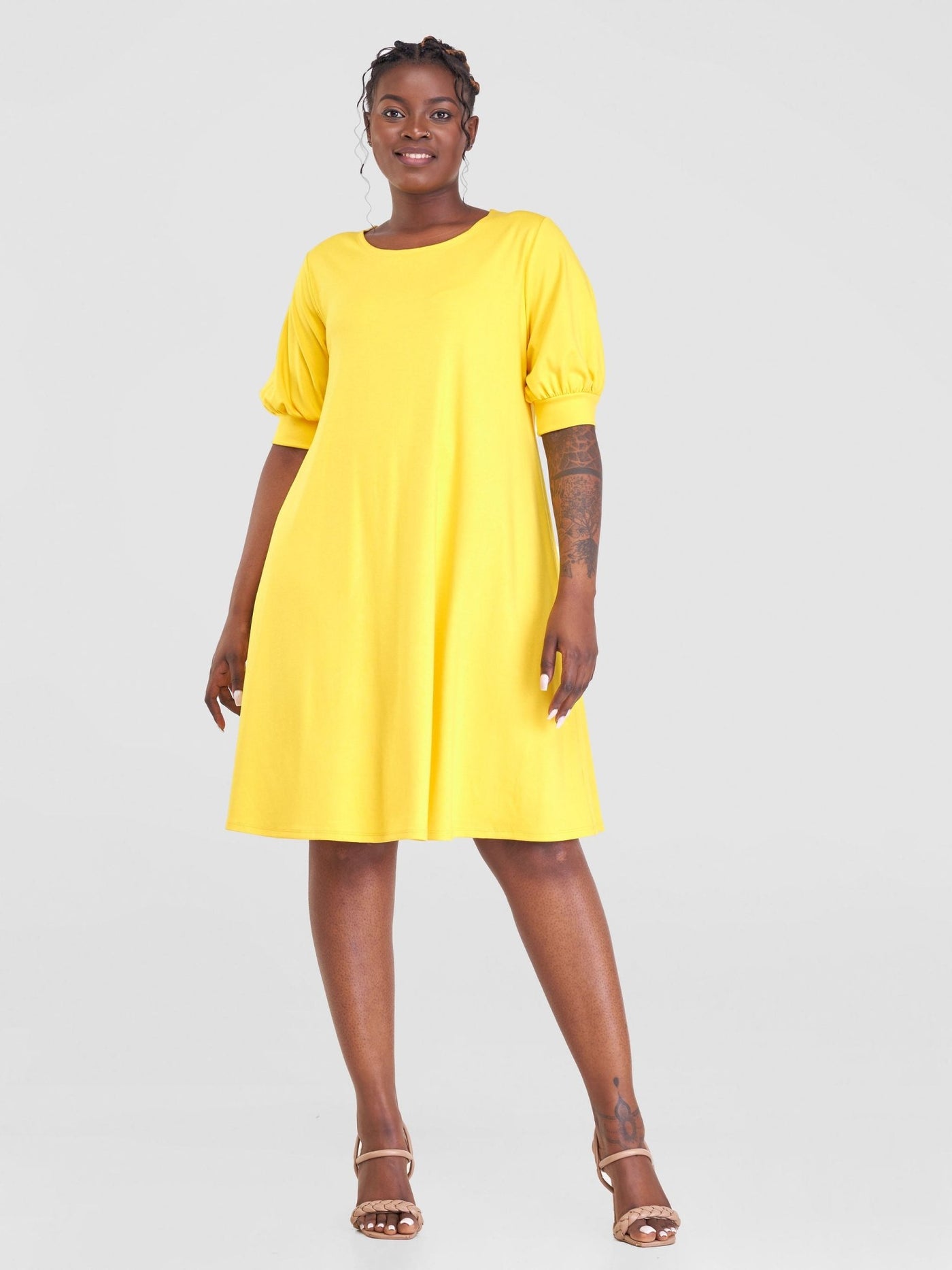 Vivo Tana Puff Sleeve A-Line Dress - Yellow - Shopzetu