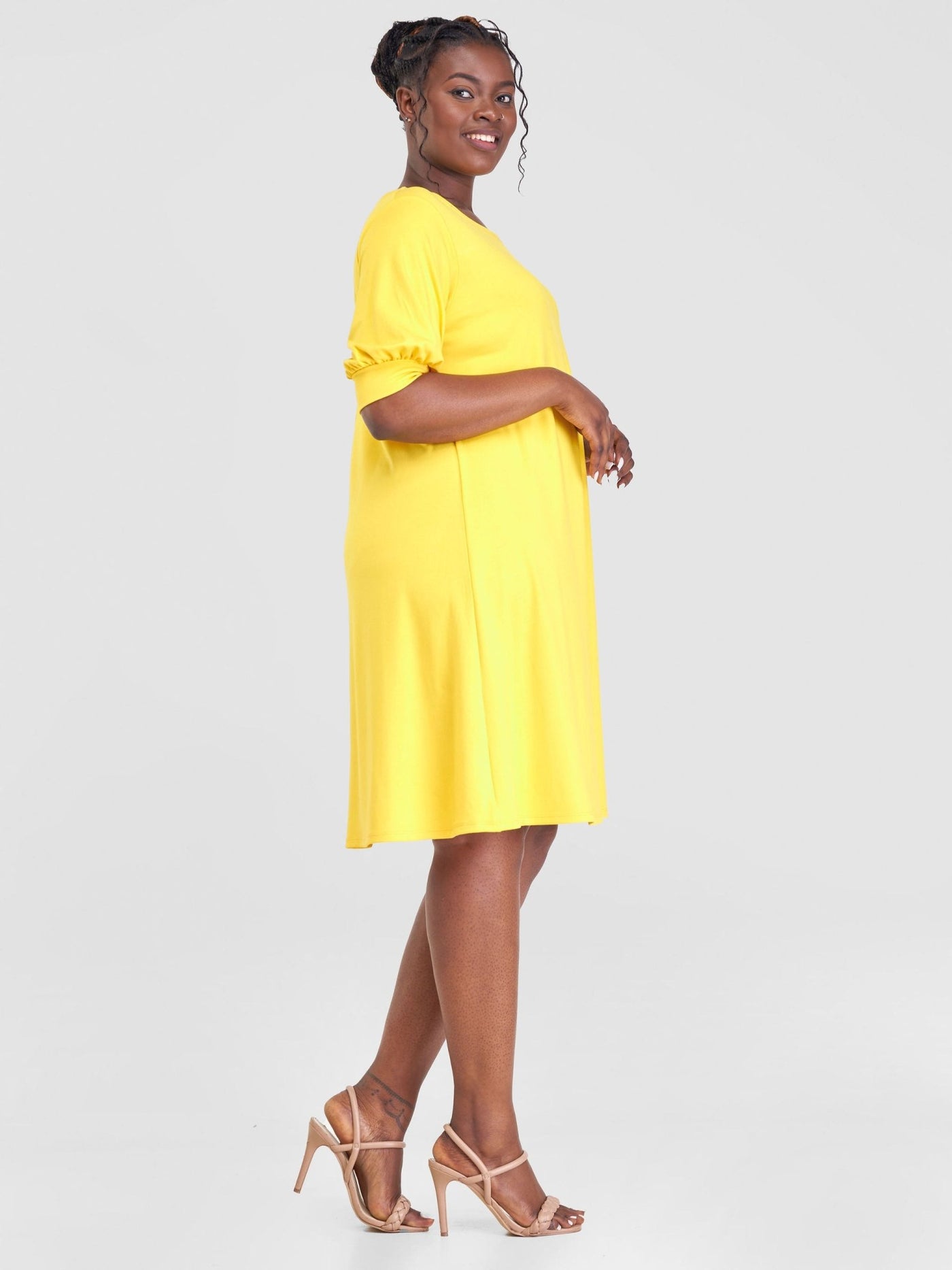Vivo Tana Puff Sleeve A-Line Dress - Yellow - Shopzetu