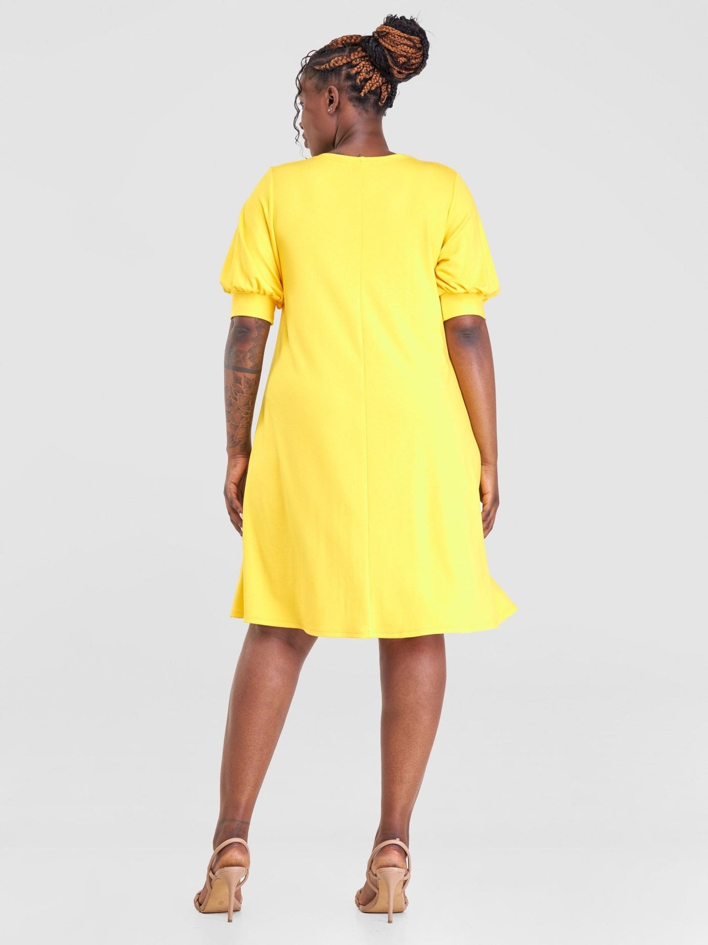 Vivo Tana Puff Sleeve A-Line Dress - Yellow - Shopzetu