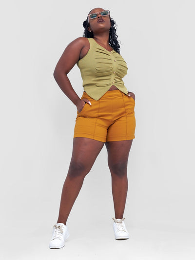 Anika Aline Pleated Short With Angular Pocket & Zipper On The Side - Mustard - Shopzetu