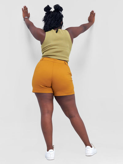 Anika Aline Pleated Short With Angular Pocket & Zipper On The Side - Mustard - Shopzetu
